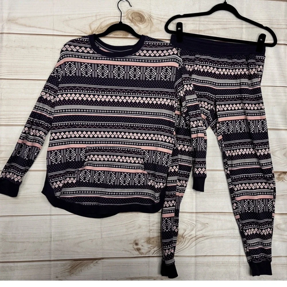 Cuddl Duds Pajama Set Womens‎ SM Navy Pink Fair Isle Loungewear 2 Piece
